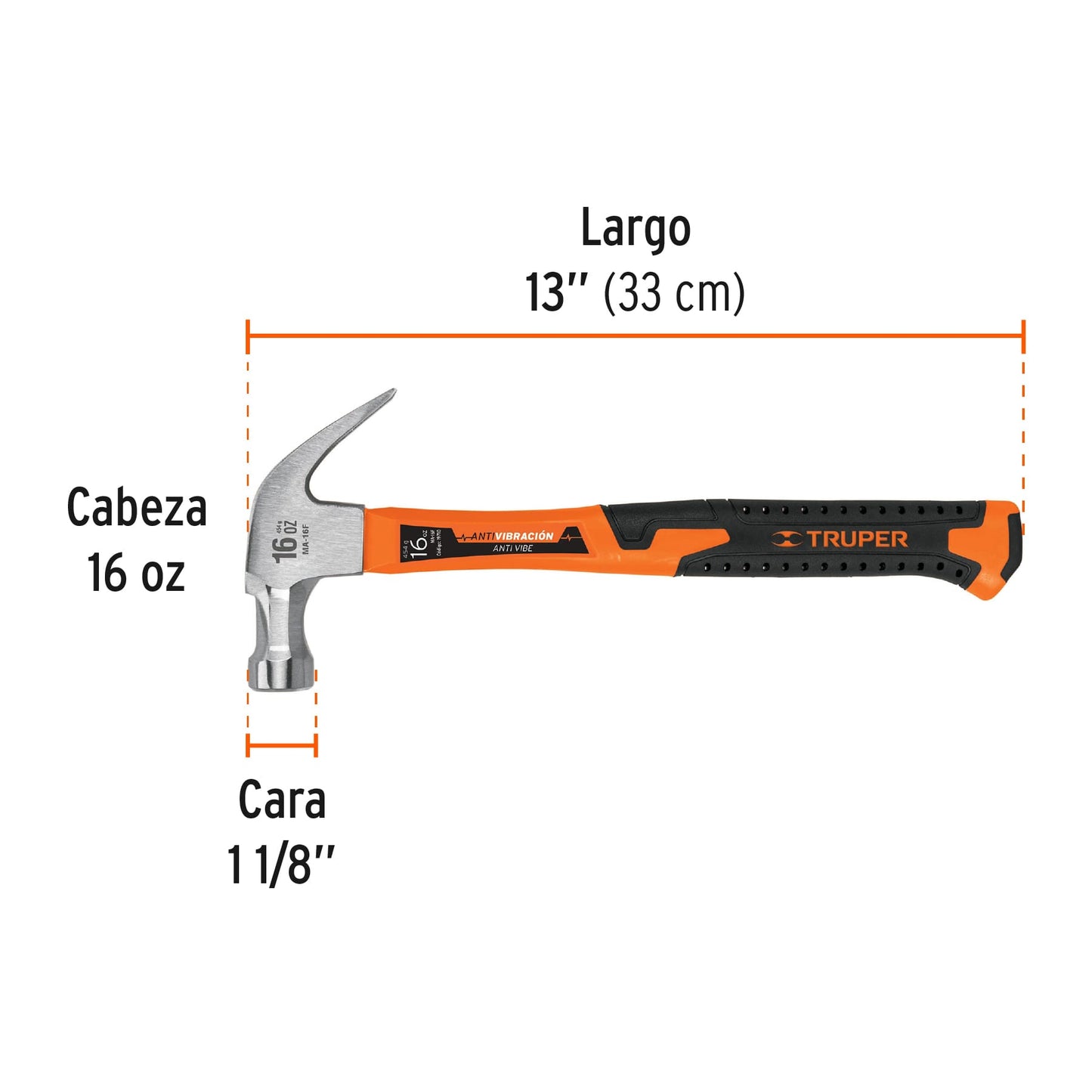Martillo 16 Oz Uña Curva, Mango Fibra de Vidrio, Truper