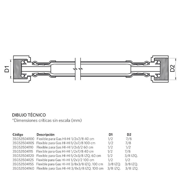 FLEXIBLE GAS HI-HI 1/2X3/8 X 60 CM HILO IZQ.