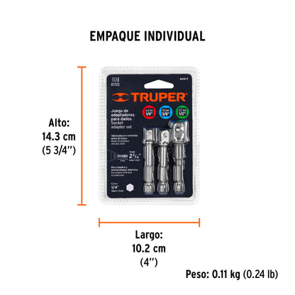 Juego de 3 Adaptadores para Dados de 1/4", 3/8" y 1/2"
