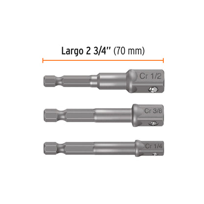 Juego de 3 Adaptadores para Dados de 1/4", 3/8" y 1/2"