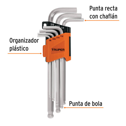 Juego de 7 Llaves Hexagonales Std Largas, Punta de Bola