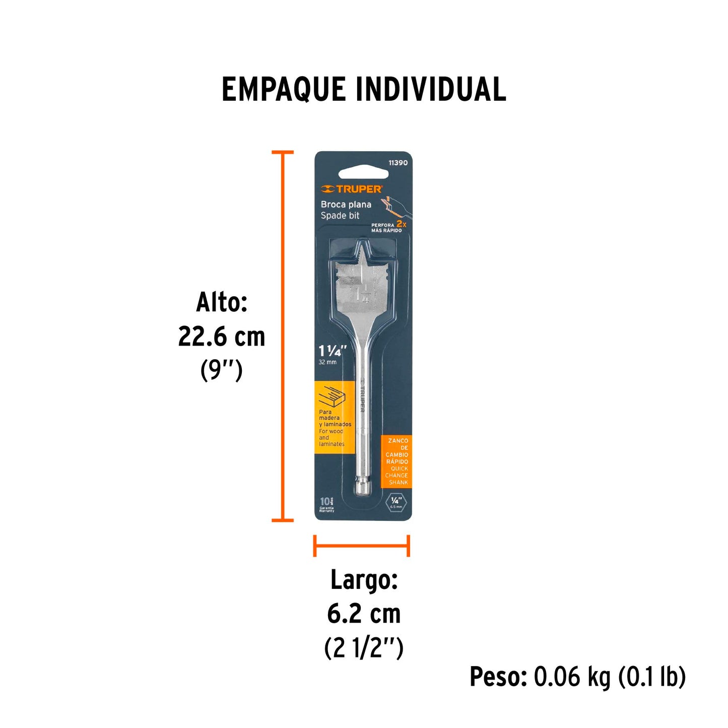 Broca Plana de Manita 1-1/4" para Madera, Truper