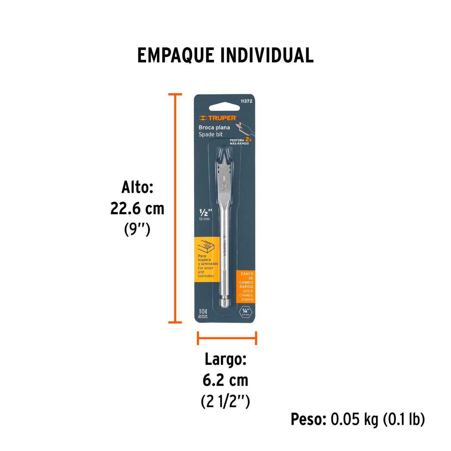 Broca Plana de Manita 1/2" para Madera, Truper