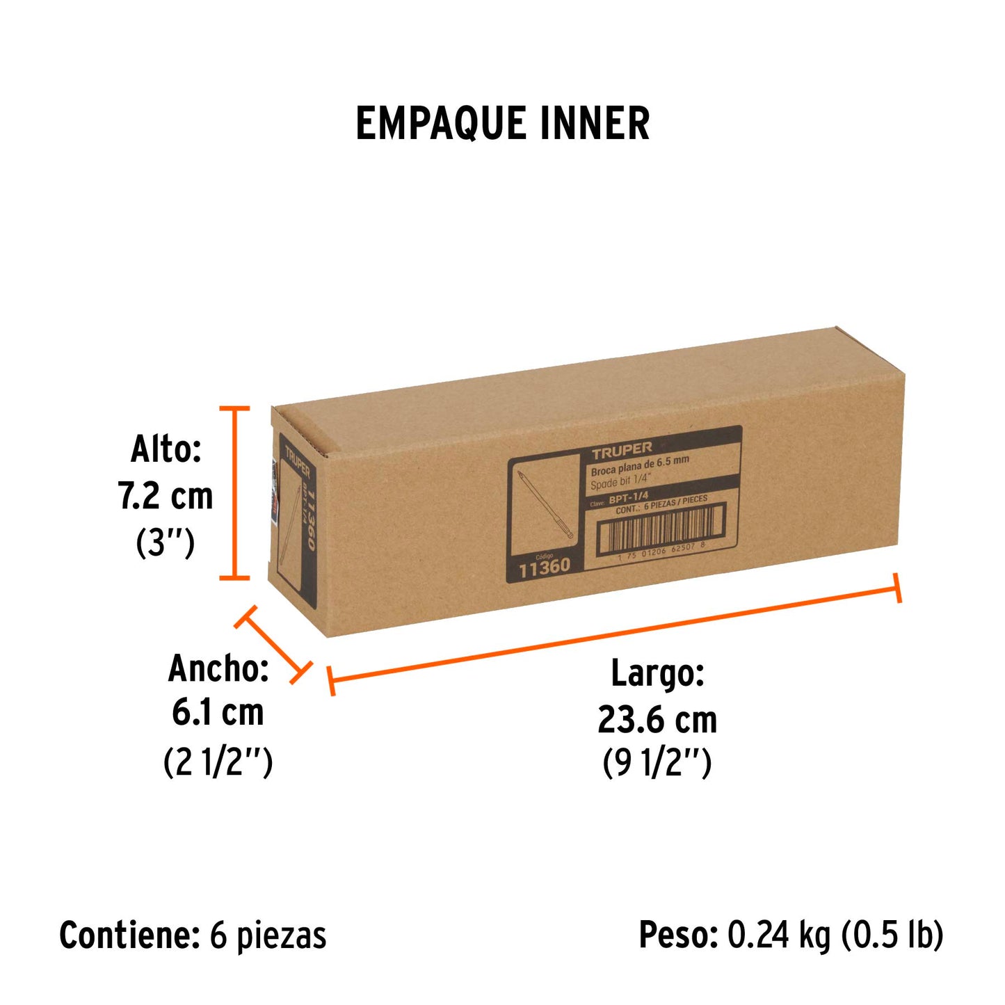 Broca Plana de Manita 1/4" para Madera, Truper