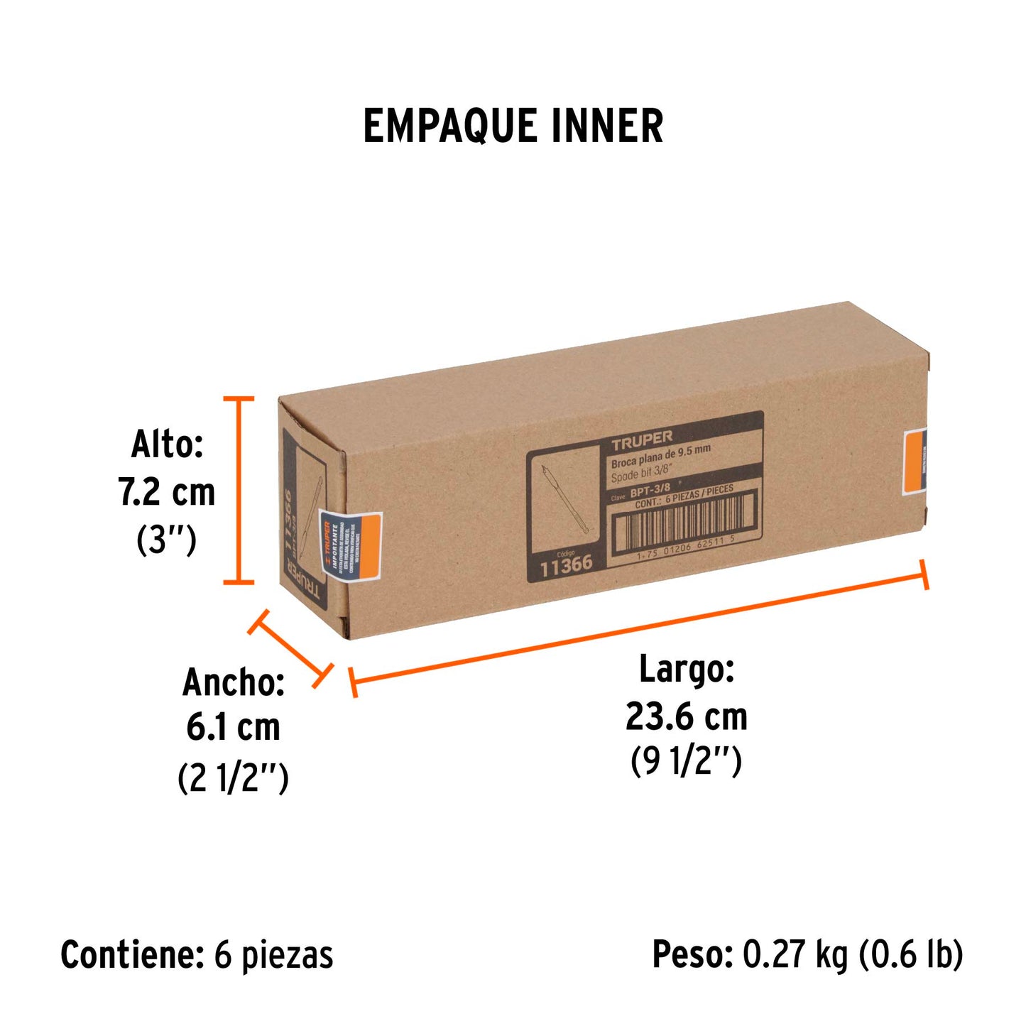 Broca Plana de Manita 3/8" para Madera, Truper
