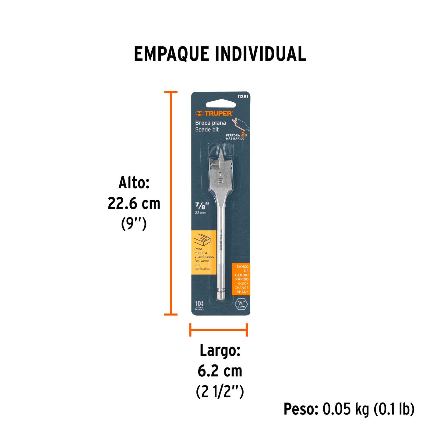 Broca Plana de Manita 7/8" para Madera, Truper