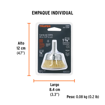 Carda de Copa 1-3/4" Alambre Fino para Taladro, Truper