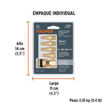 Juego de 4 Conectores Rápidos y 1 Cople, de Latón, Truper
