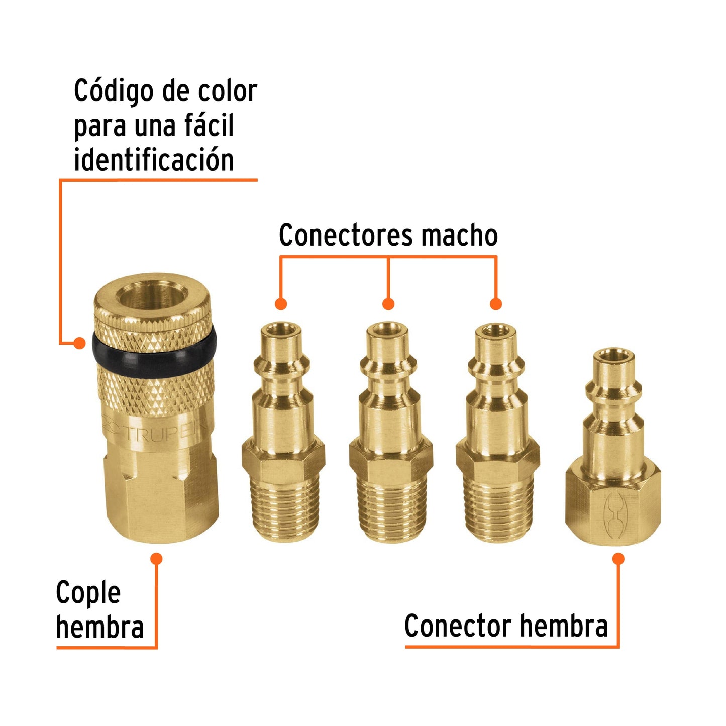 Juego de 4 Conectores Rápidos y 1 Cople, de Latón, Truper