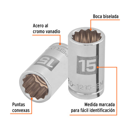 Dado de 15 Mm, 12 Puntas, Cuadro 1/2", Truper