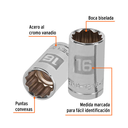 Dado de 16 Mm, 12 Puntas, Cuadro 1/2", Truper
