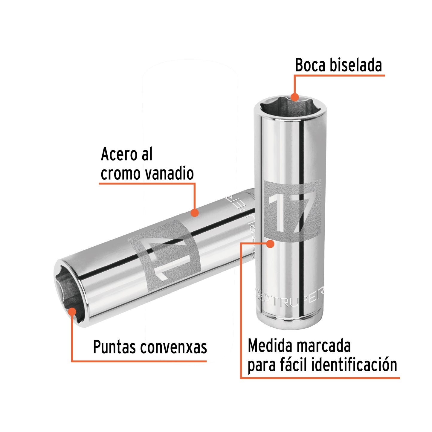 Dado Largo de 17 Mm, 6 Puntas, Cuadro 1/2", Truper
