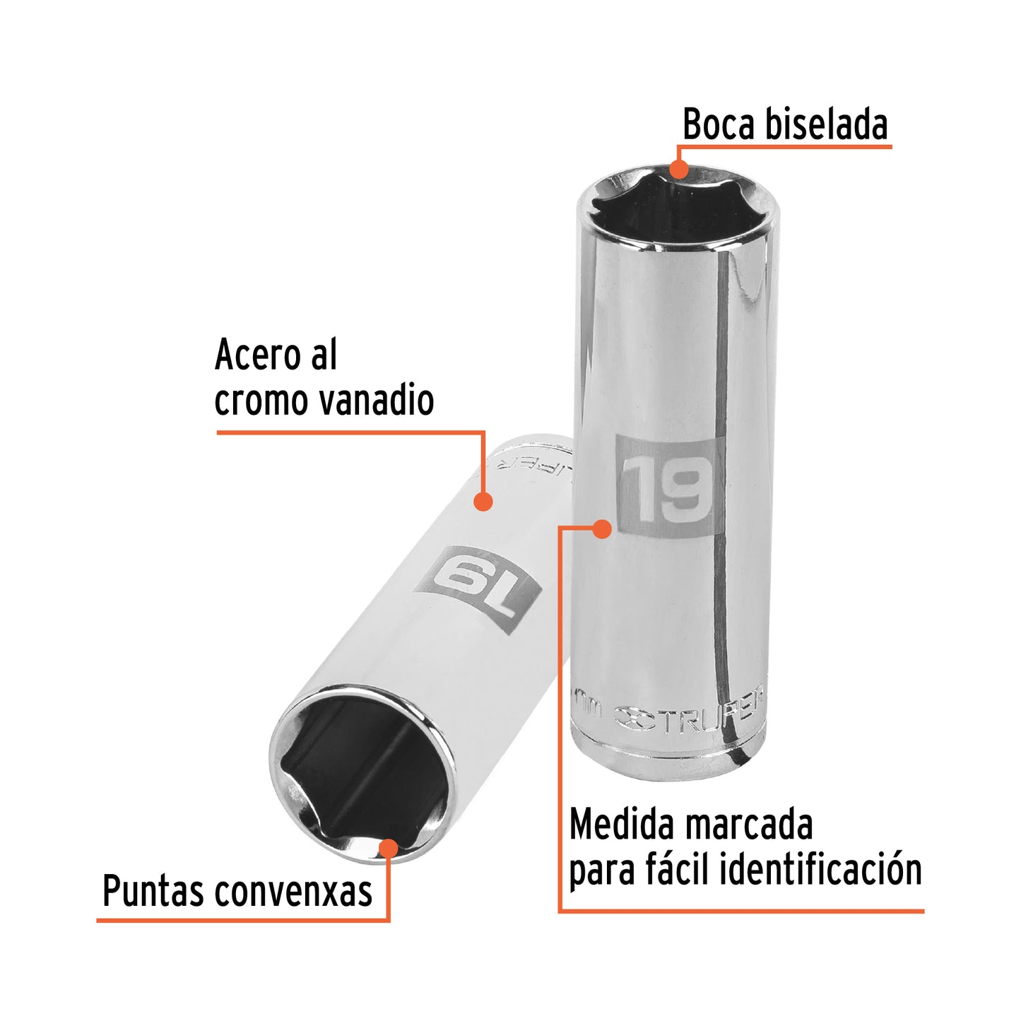 Dado Largo de 19 Mm, 6 Puntas, Cuadro 1/2", Truper