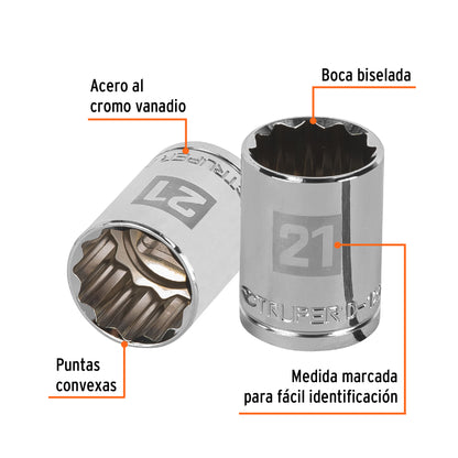Dado de 21 Mm, 12 Puntas, Cuadro 1/2", Truper