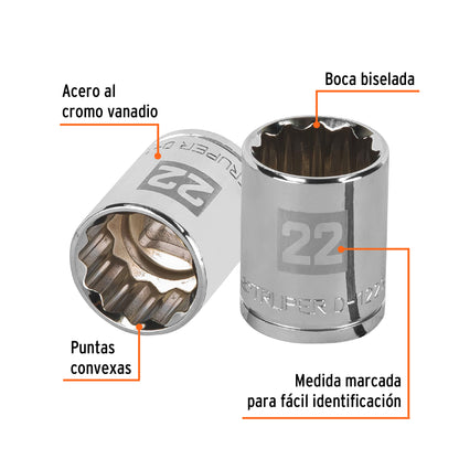 Dado de 22 Mm, 12 Puntas, Cuadro 1/2", Truper
