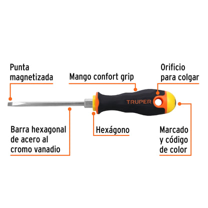 Desarmador Cabinet 3/16" X 4" Mango Comfort Grip, Truper