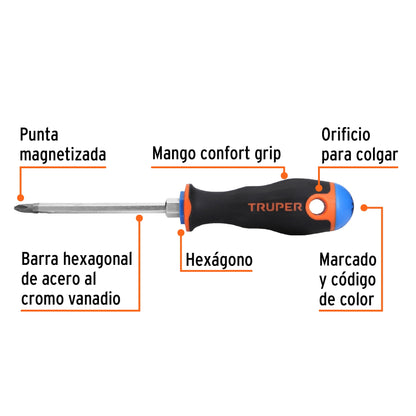 Desarmador de Cruz 1/4" X 4" Mango Comfort Grip, Truper