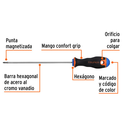 Desarmador de Cruz 1/8" X 6" Mango Comfort Grip, Truper