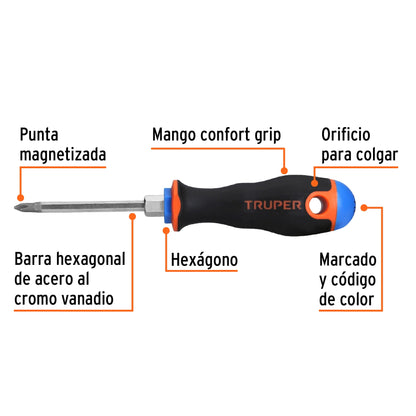 Desarmador de Cruz 3/16" X 3" Mango Comfort Grip, Truper