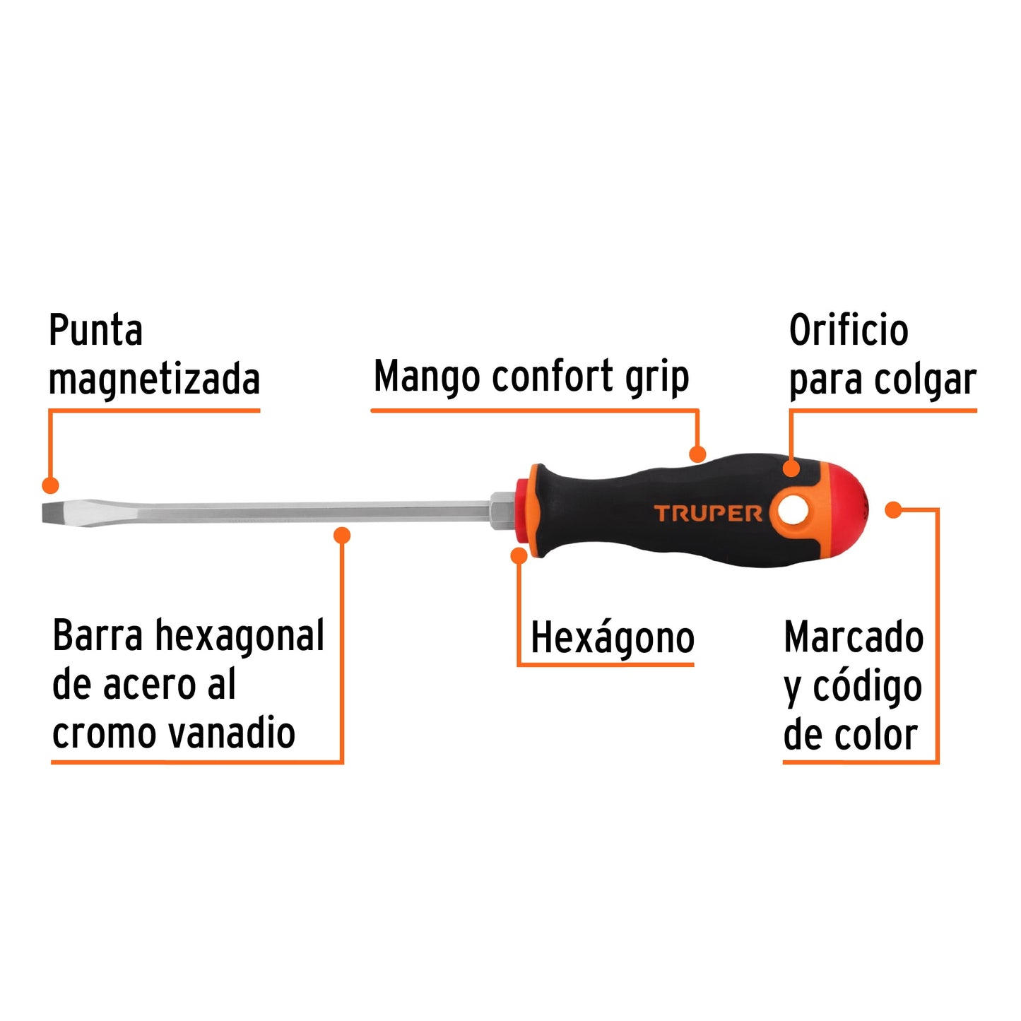 Desarmador Plano 1/4" X 6" Mango Comfort Grip, Truper