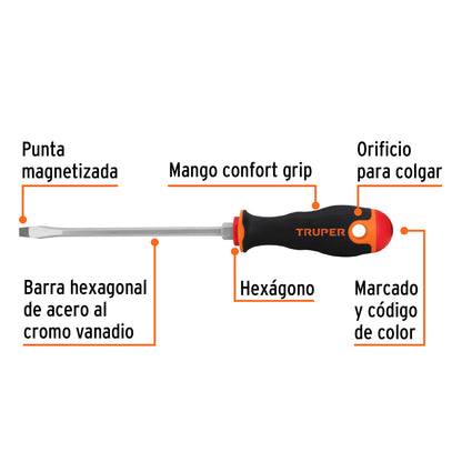 Desarmador Plano 1/4" X 6" Mango Comfort Grip, Truper