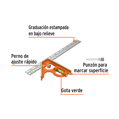 Escuadra 12" de Combinación con Punzón para Marcar, Truper