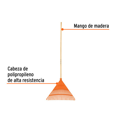 Escoba Plástica para Jardín, Rígida, 22 Dientes, Mango 48"