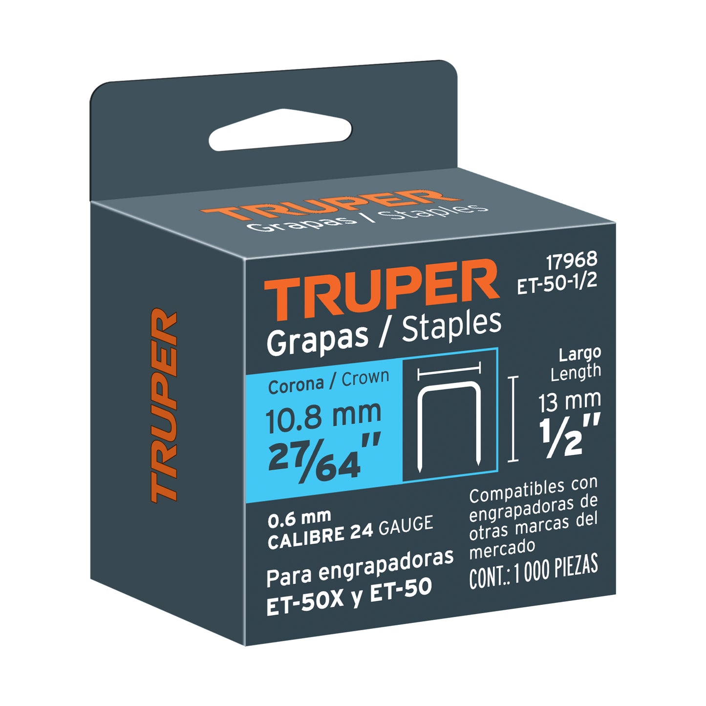 1000 Grapas 1/2" Corona 10.6 Mm, para ET-50X y Et-50, Truper