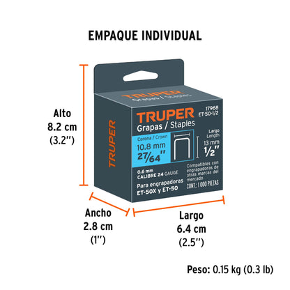 1000 Grapas 1/2" Corona 10.6 Mm, para ET-50X y Et-50, Truper
