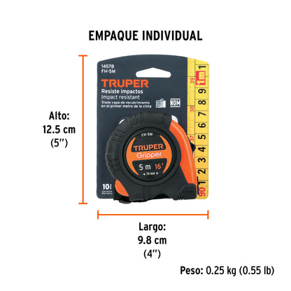 Flexómetro Gripper Contra Impactos 5 M Cinta 19 Mm, Truper