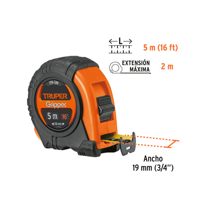 Flexómetro Gripper Contra Impactos 5 M Cinta 19 Mm, Truper