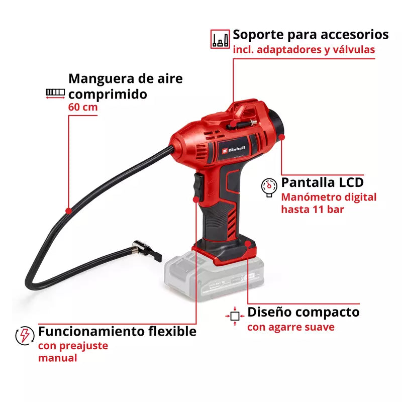 Einhell Compresor de aire inálambrico para automóvil CE-CC 18 Li-Solo