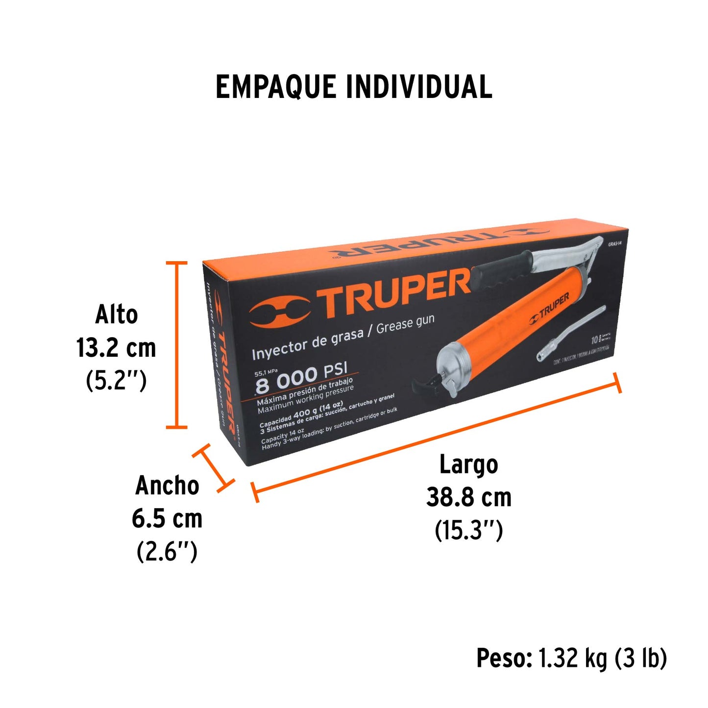 Inyectora de Grasa 14 Oz, 8000 Psi con Grip Antiderrapante