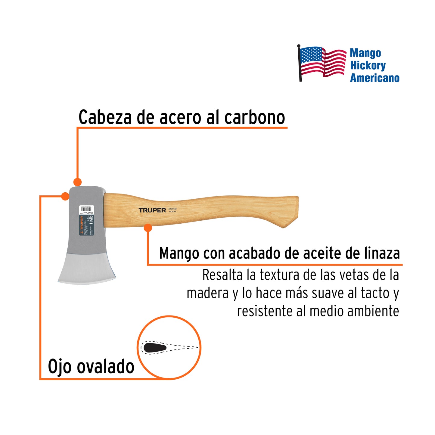 Hacha Cazadora 1-1/4 Lb, Mango Hickory 14", Truper