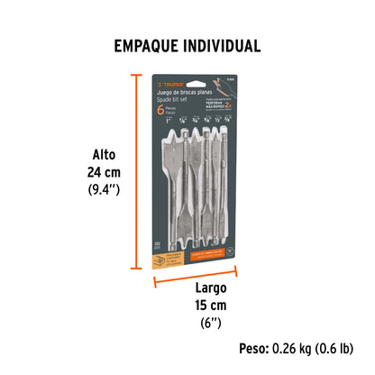 Juego de Brocas Planas de Manita, 6 Piezas, Truper