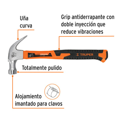 Martillo 16 Oz Uña Curva, Mango Fibra de Vidrio, Truper