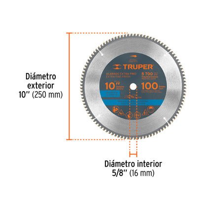 Disco Sierra 10" para Aluminio, 100 Dientes Centro 5/8"