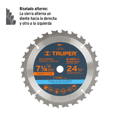 Disco Sierra 7- 1/4" para Madera, 24 Dientes Centro 5/8"