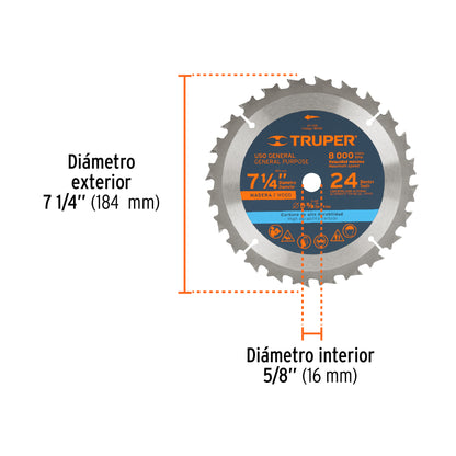 Disco Sierra 7- 1/4" para Madera, 24 Dientes Centro 5/8"