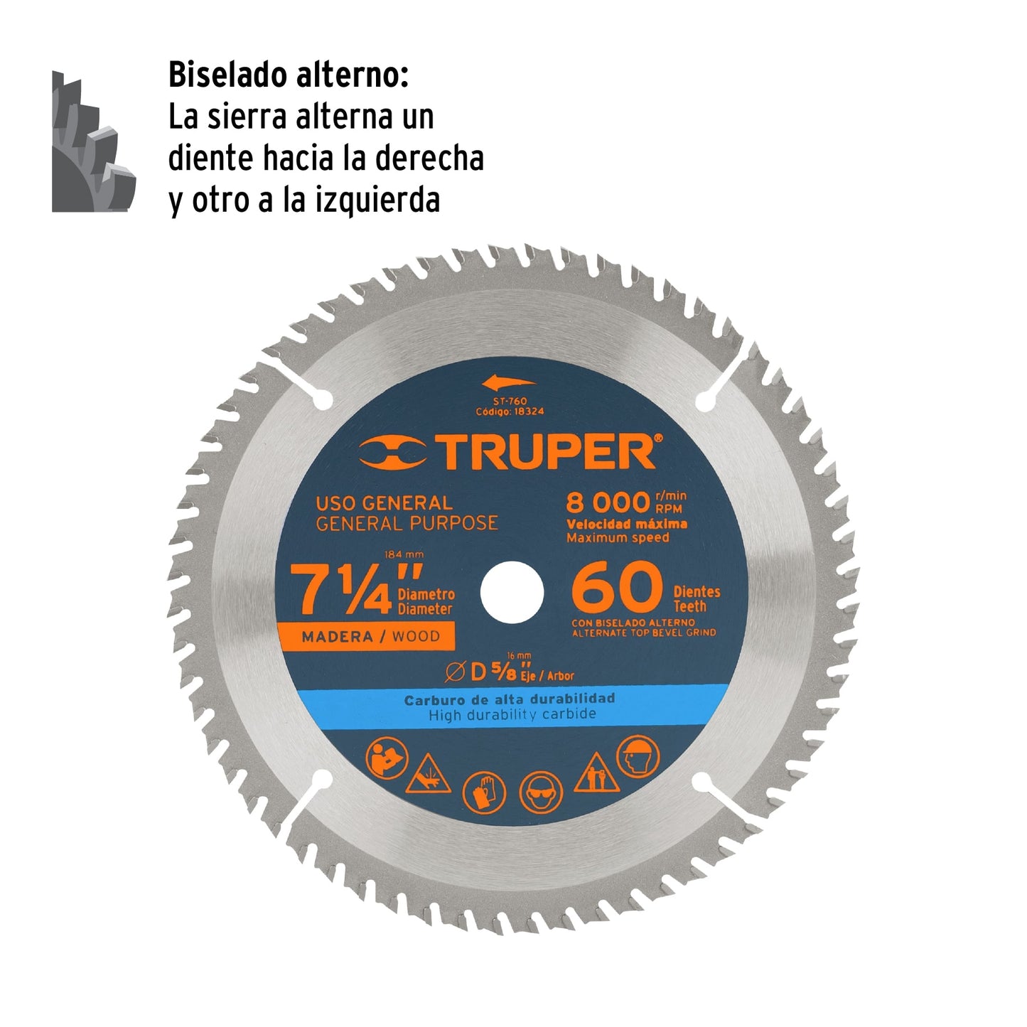Disco Sierra 7- 1/4" para Madera, 60 Dientes Centro 5/8"