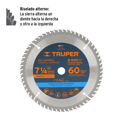 Disco Sierra 7- 1/4" para Madera, 60 Dientes Centro 5/8"
