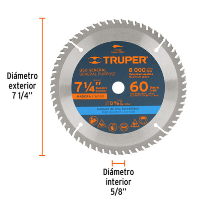 Disco Sierra 7- 1/4" para Madera, 60 Dientes Centro 5/8"