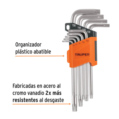 Juego de 9 Llaves Torx Largas con Organizador Abatible