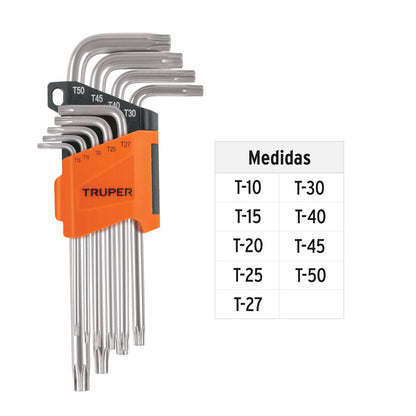 Juego de 9 Llaves Torx Largas con Organizador Abatible